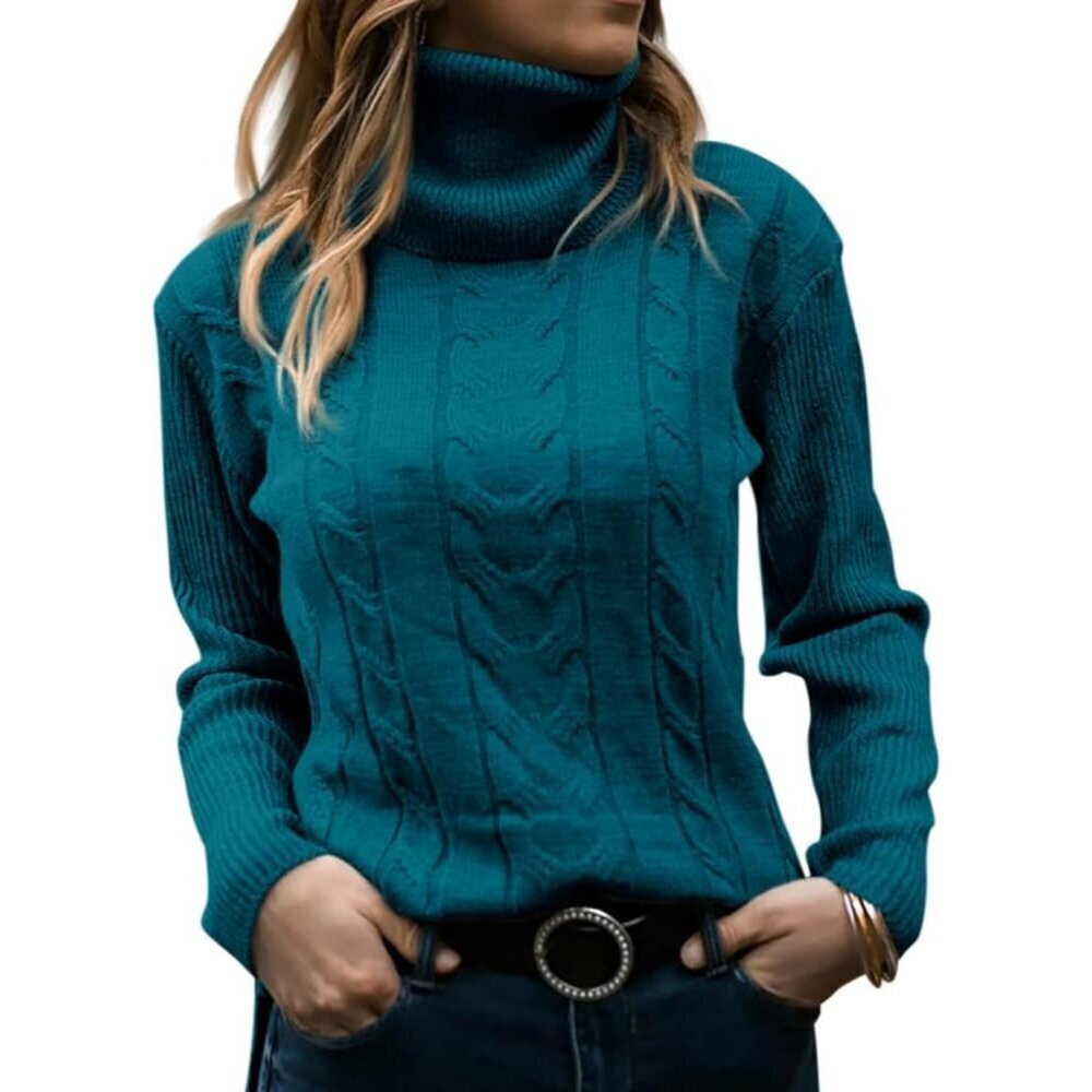Womens Lake Blue Pull On Cable Knit Turtleneck Long Sleeve Casual Warm Sweaters